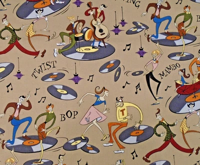 Robert Kaufman Dance Music Records 50s Twist Mambo Swing Cotton Fabric 42x35" - Image 1 of 3