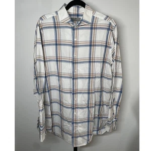 CANALI 1934 Men's Long Sleeve Cotton Sport Shirt Size XL White/Blue/Tan Plaid - Picture 1 of 8