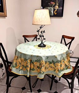 FRENCH PROVENCAL COTTON 71" ROUND TABLECLOTH "MIMOSA on GREEN" - Made in France - Picture 1 of 13
