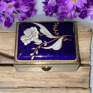 Vintage Gold Tone Flowers Blue/Gold Ceramic Top Jewel/Trinket/Pill/Ring box.  - Picture 1 of 9