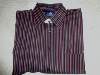 Camisa de vestir Stafford para hombre talla 17 32/33 ajustada roja/marrón a rayas algodón/poliéster. Foto 1 de 4