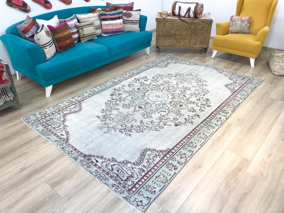 Alfombra floral, alfombra de lana natural, alfombra para sala de estar, alfombra hecha a mano, 5,8 x 9,2 pies Foto 1 de 4