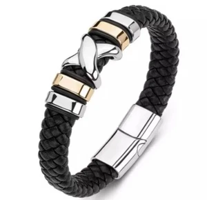 Men/Woman’s Leather Bracelet Stainless Steel Magnetic Clasp Black 23cm - Picture 1 of 1