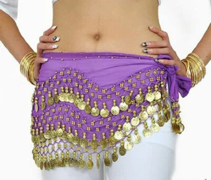 Purple Hip Scarf Gold Coins Belly Dance Tribal Belt Halloween Genie Costume A641 - Picture 1 of 5