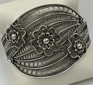 BRACCIALE BRACCIALE BRACCIALE CON FIORI IN FILIGRANA CANNETILLE ARGENTO STERLING - Foto 1 di 6