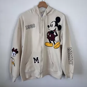 Disney Mickey Mouse Womens Zip Up Hoodie Plus Size XXL Ivory Character Patches - Picture 1 of 10