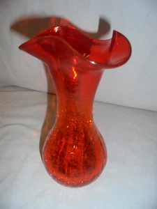 Crackle Glass Orange Vase, Ruffle Top, 7" Tall 3.5" Across Top Vintage - Picture 1 of 5