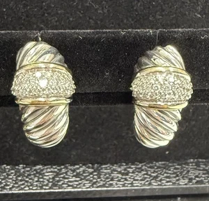 Pendientes David Yurman Pura Sangre Cable Diamante Camarón Plata 925 Oro 18K 750 - Imagen 1 de 7