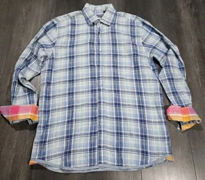 Report Collection 100% Linen Shirt Men M Blue Plaid Flip Cuff Long Sleeve Preppy - Picture 1 of 12