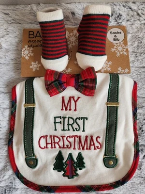 Juego de babero y calcetines My First Christmas Infant 0-6M | Baby Essentials - NUEVO  Foto 1 de 4