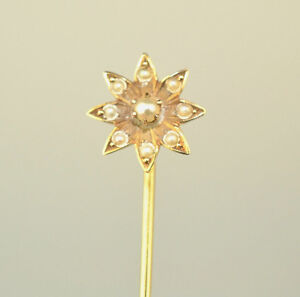 Antique 14K Yellow Gold Small 3/8 Inch 8-Point Star With Seed Pearls Stickpin