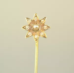 ANTIQUE 14K YELLOW GOLD SMALL 3/8 INCH 8-POINT STAR WITH SEED PEARLS STICKPIN - Picture 1 of 5