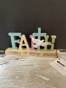Blossom Bucket “Faith Makes All Things Possible” Sign W/Dove Word Block Saying - Picture 1 of 4
