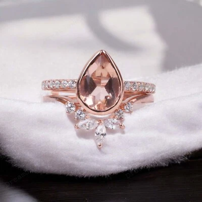 14k Rose Gold 7x5 MM Pear Shaped Natural Morganite  Cubic Zirconia Ring Set - Image 1 of 4