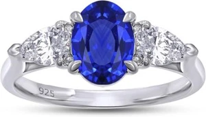 3 Stone Engagement Ring Sapphire Lab Grown Gemstone & Pear Moissanite Sterling - Picture 1 of 13
