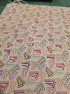 100% Cotton fabric ~ White Purple pink Brown  Scissors Combs design~Fat Quarter - Picture 1 of 7