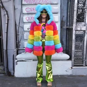 Fashion Women Colorful Natural Fox Fur Hood Coat Real Fur Jackets Thick Overcoat - Picture 1 of 5