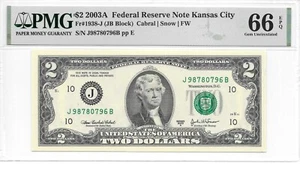 2003A Kansas City $2 FRN Hard to Find JB Block Sheet Note PMG 66 EPQ Gem Unc. - Picture 1 of 4