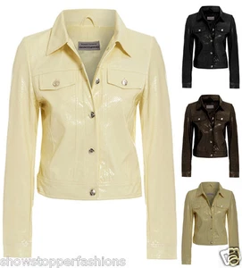 Size 10 12 14 neue Womens BIKER Jacke KUNSTLEDER Damen Mantel PVC Schwarz Braun - Bild 1 von 14