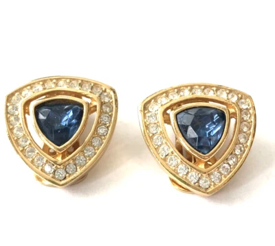 复古 Christian Dior 蓝色水晶夹耳环金色令人惊叹 — 第 1/4 张图片