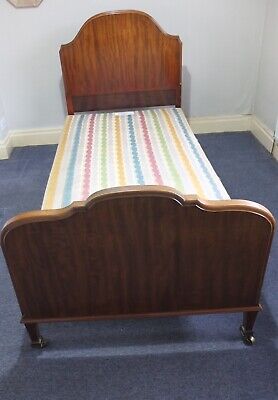 Antique Mahogany Wood Single Bed Frame On Wheels With Sprung Mattress Base 6'x3' • 35£