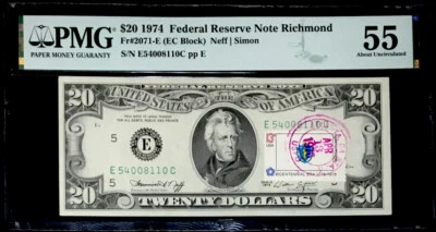 1974 $20 FEDERAL RESERVE NOTE-STAMP CANCEL-ATLANTA -PMG #55 ABOUT UNC-RARE FIND - Image 1 of 3