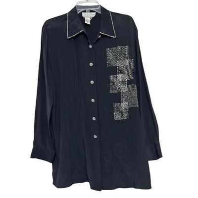 Blusa túnica top Diane Gilman negra con cuentas de seda abotonada 1X Artística caprichosa Foto 1 de 4