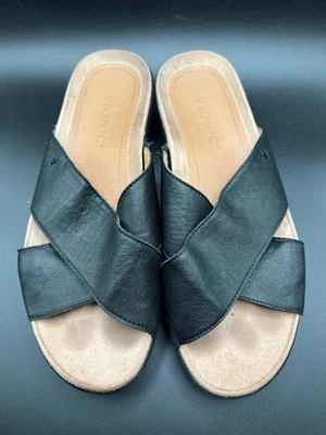 Sandalias de tacón de cuña Vionic LETICIA de cuero negro talla 8, defectuosas Foto 1 de 4