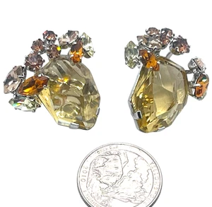 Splendidi Orecchini "Corona" Dimensionali Invertiti Pietra Gialla Citrino, Strass - Foto 1 di 3