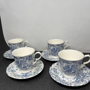 4 Nikko Blossom Time Tea Roses Tea Cups Matching Saucer Blue White - Picture 1 of 19