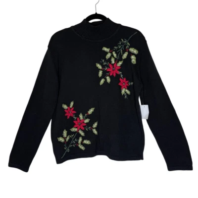 NEW Vintage Dressbarn Black Embroidered Poinsettia Swtr Sz XL Christmas NWT - Image 1 of 4