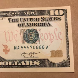 A $10 Uncirculated US Ten dollar fancy serial numbers MA 55570888 A - Picture 1 of 3