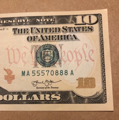 A $10 Uncirculated US Ten dollar fancy serial numbers MA 55570888 A - Image 1 of 3