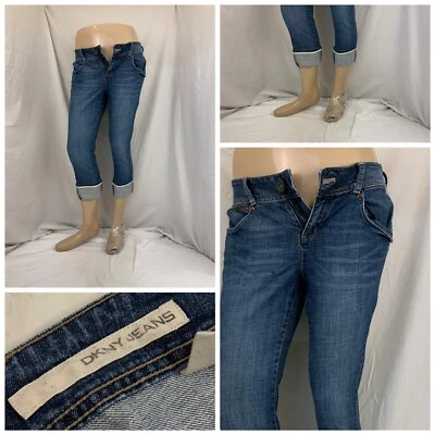 Pantalones de mezclilla DKNY talla 6 azul frente plano lavado medio algodón elástico YGI W1-152 Foto 1 de 4