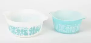 Pyrex Vintage Cinderella Casserole Opal Ware Turquoise Butterprint Set/2 473/474 - Picture 1 of 14