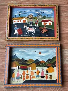 2 dipinti vintage arte popolare sudamericana nascondi animali incorniciati e firmati OOAK GVC - Foto 1 di 21