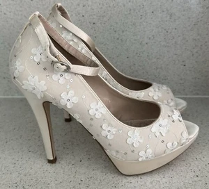 Next Ivory Sequin 3D Flower Peep Toe Ankle Strap Wedding Bridal Shoes Sz 6 - Picture 1 of 3
