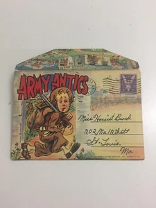1940s Curt Teich Souvenir Postcard Folder Booklet Army Antics Military Comics - Picture 1 of 5