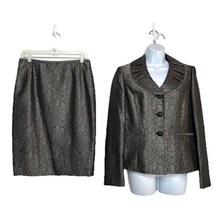 KASPER Polyester Lined Skirt Suit Size 6 Black Silver Shawl Collar Timeless New - Picture 1 of 9