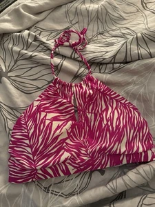 Athleta Palm Leaf Keyhole Halter Bikini Top M Strappy Back Purple Fuchsia White - Picture 1 of 6