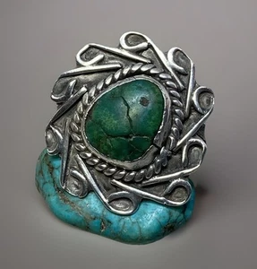Old Handmade SW NativeAmerican Green Turquoise 925 Sterling RING Size 5.5 - 5.7g - Picture 1 of 9