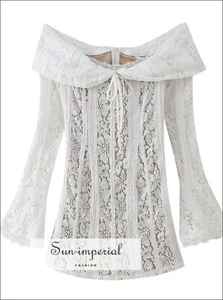 Mini vestido para mujer blanco acampanado de encaje manga larga con hombros descubiertos - Imagen 1 de 12