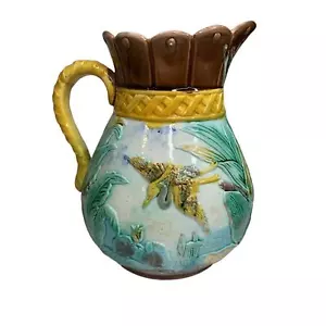 Antique Majolica Pitcher Heron 8 Inch Vibrant Color 1880s Marked - Picture 1 of 10