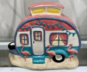 Blue Sky Clayworks Flamingo Camper Cookie Jar NEW IN BOX Auth Retailer - Picture 1 of 7