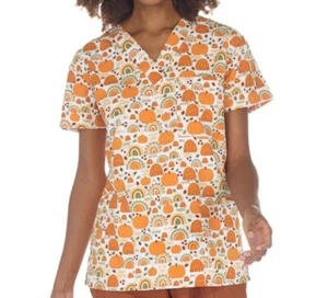 NWT Women's Small Thankful Fall Print I Love Scrubs Scrub Top - Picture 1 of 1