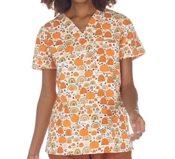 NWT Women's Small Thankful Fall Print I Love Scrubs Scrub Top - Image 1 of 1