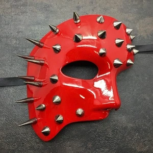 Spiked Red Half Men's Phantom Mask Halloween Unisex Masquerade Mask - Picture 1 of 3