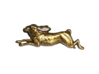 Cute Running Brown Bunny Rabbit Metal Shank Button 1-5/8" x 1/2"  Pink Ears - Image 1 of 4