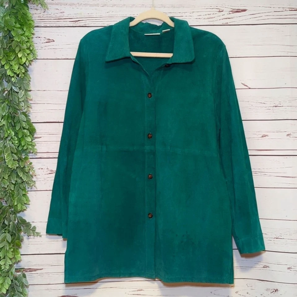 Chaqueta de Colección Kim Rogers Grande Verde Esmeralda Verde Azulado Gamuza Cuero Camisa Cazadora Foto 1 de 4