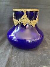 Antique Jugendstil French Blue Opaline Glass with gilded decoration op top